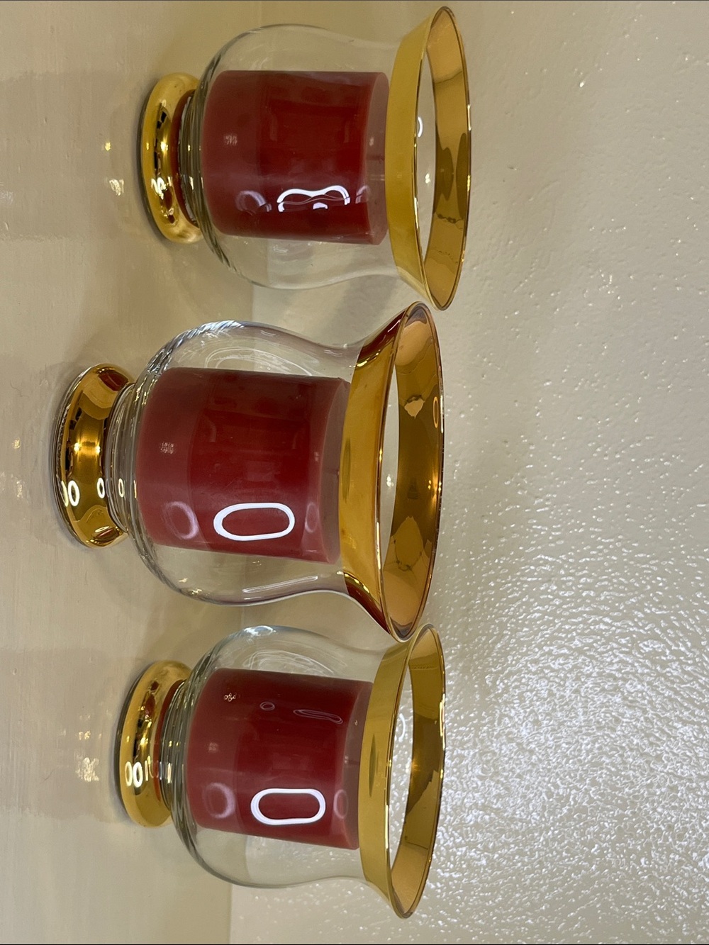 Vintage Crate & Barrel Minuet Hurricane Candle Holders - Set of 3 - Gold Rimmed